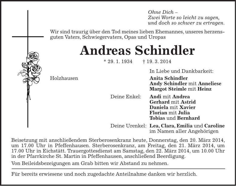 Traueranzeige Andreas Schindler