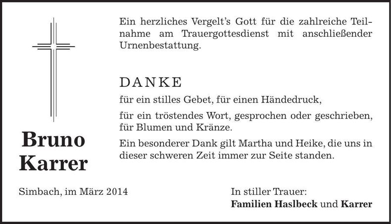 Traueranzeige Bruno Karrer