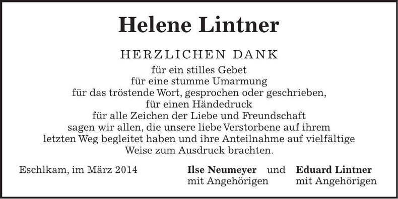 Traueranzeige Helene Lintner