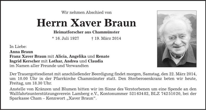 Traueranzeige Xaver Braun