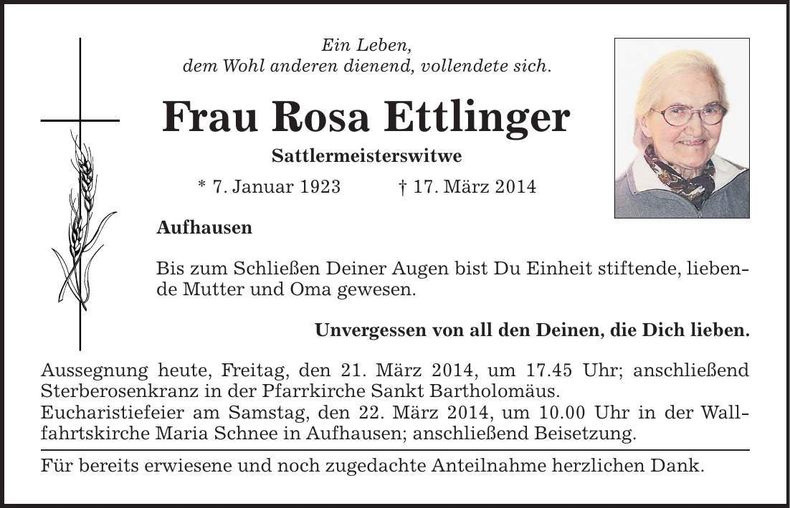 Traueranzeige Rosa Ettlinger