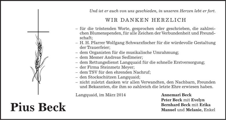 Traueranzeige Pius Beck