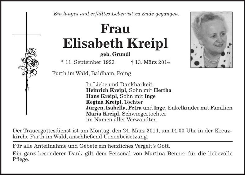 Traueranzeige Elisabeth Kreipl