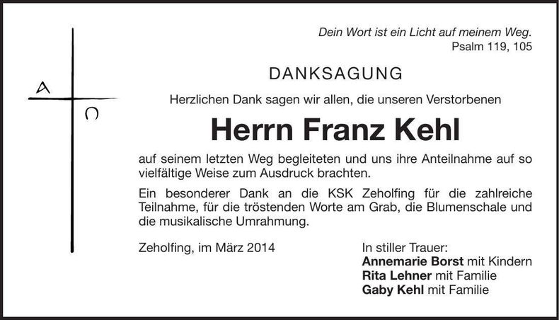 Traueranzeige Franz Kehl