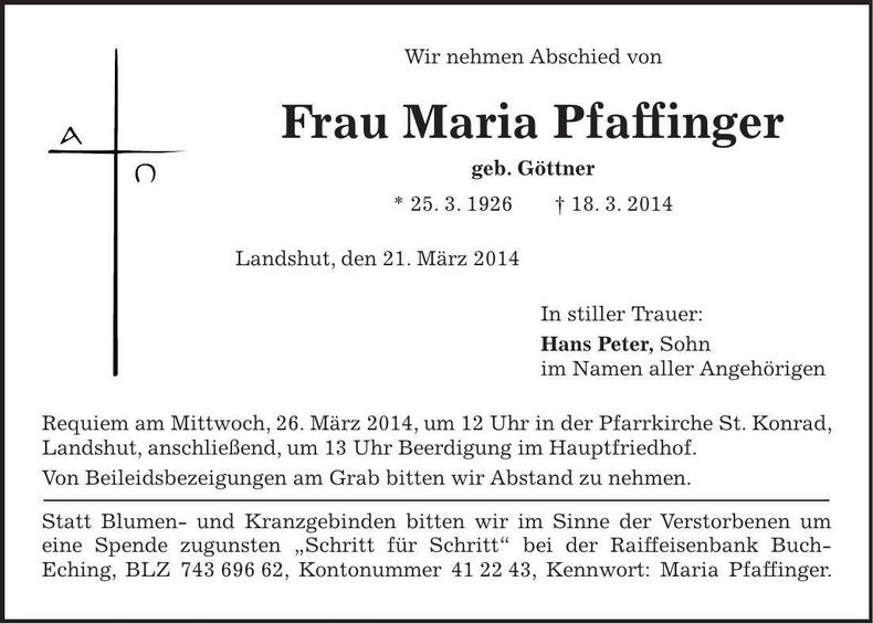 Traueranzeige Maria Pfaffinger