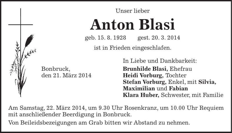 Traueranzeige Anton Blasi