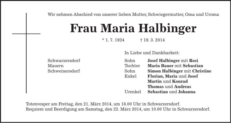 Traueranzeige Maria Halbinger