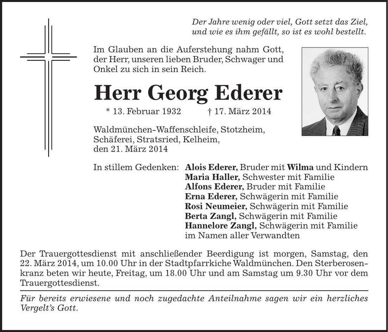 Traueranzeige Georg Ederer
