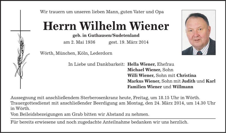 Traueranzeige Wilhelm Wiener