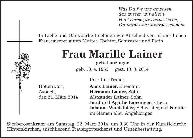 Traueranzeige Marille Lainer