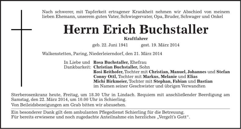 Traueranzeige Erich Buchstaller