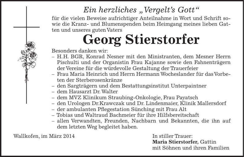Traueranzeige Georg Stierstorfer