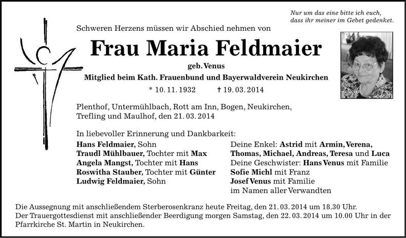 Traueranzeige Maria Feldmaier