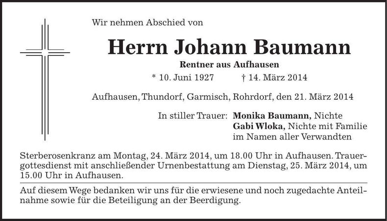 Traueranzeige Monika Baumann
