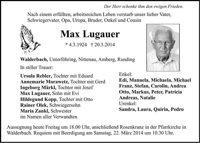 Traueranzeige Max Lugauer