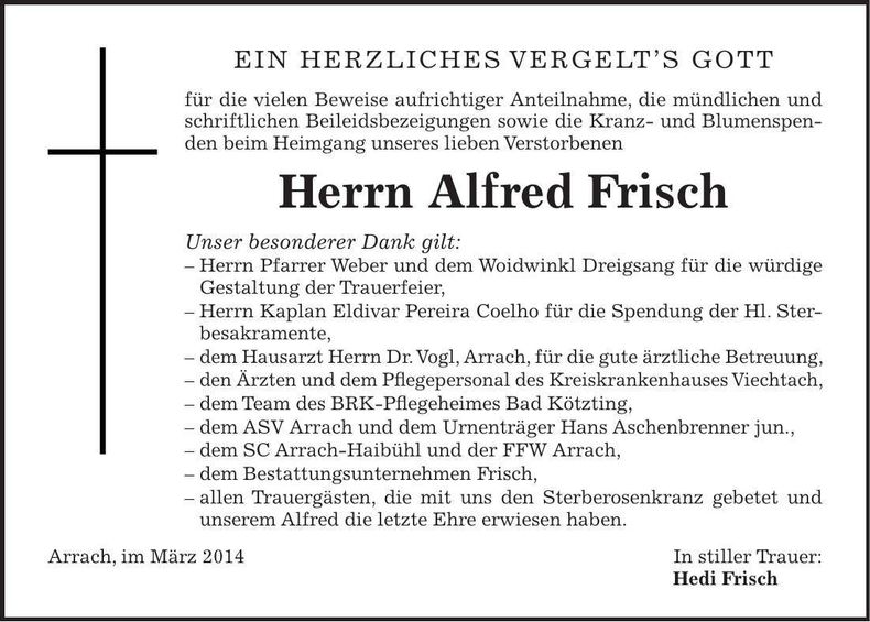 Traueranzeige Alfred Frisch
