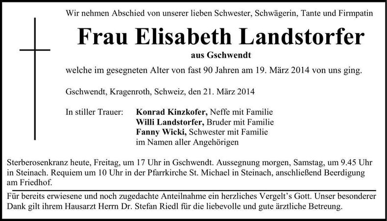 Traueranzeige Elisabeth Landstorfer