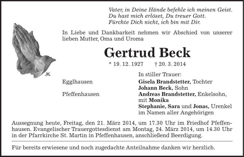 Traueranzeige Gertraud Beck