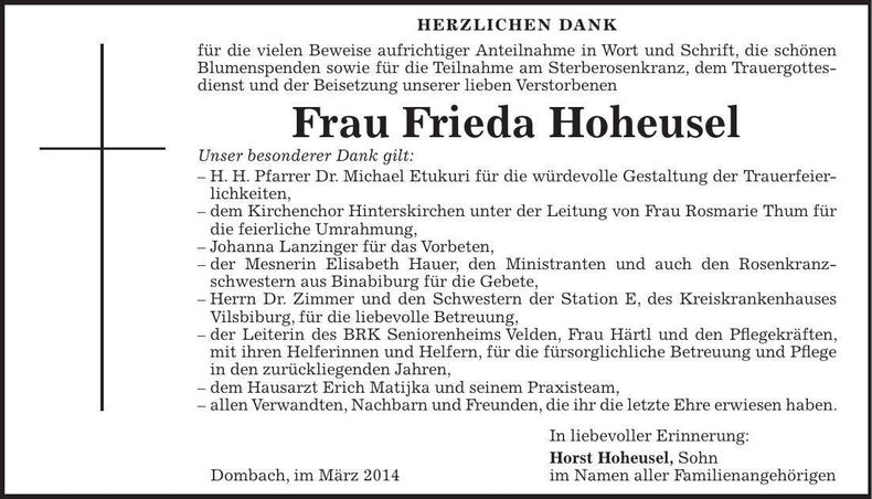Traueranzeige Frieda Hoheusel