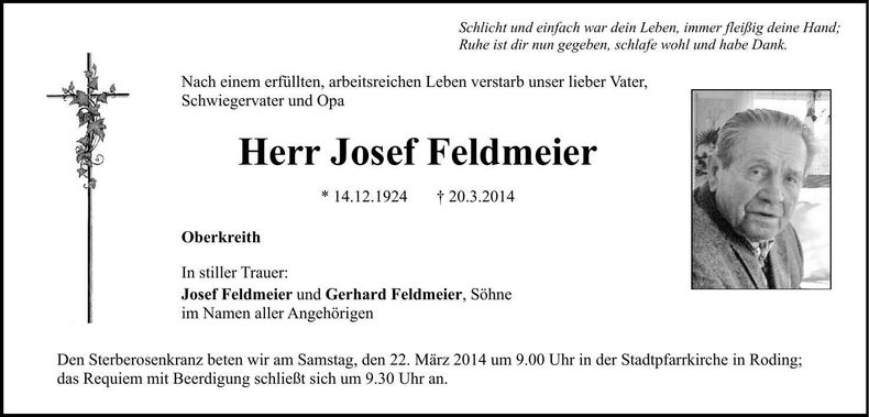 Traueranzeige Josef Feldmeier
