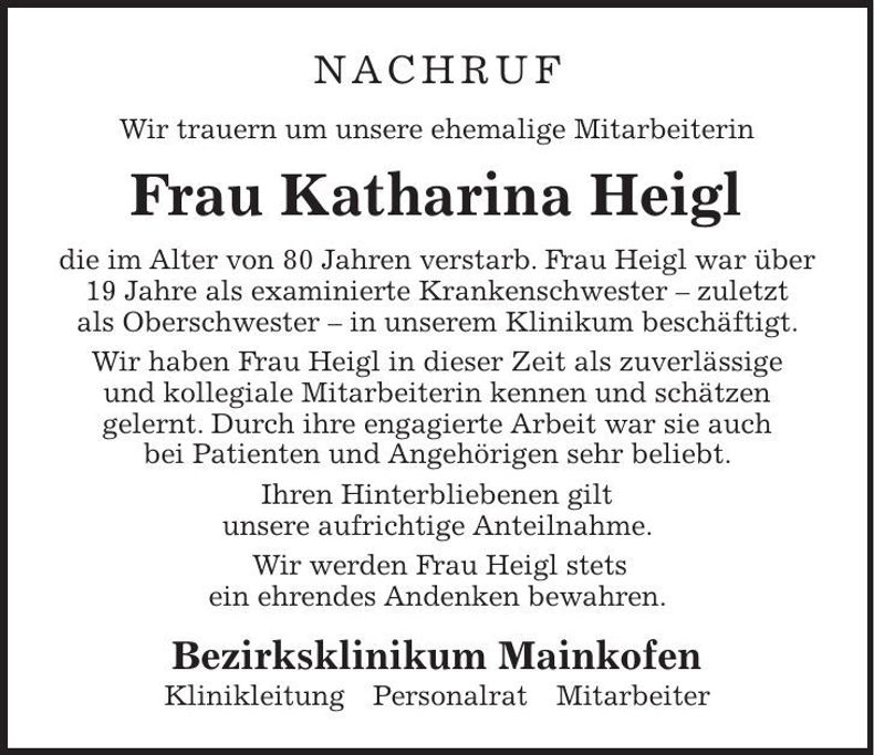 Traueranzeige Katharina Heigl