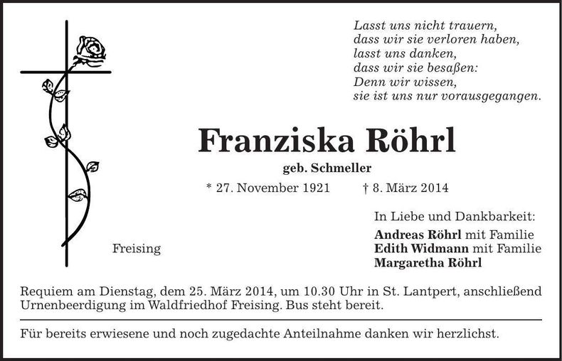 Traueranzeige Franziska Röhrl
