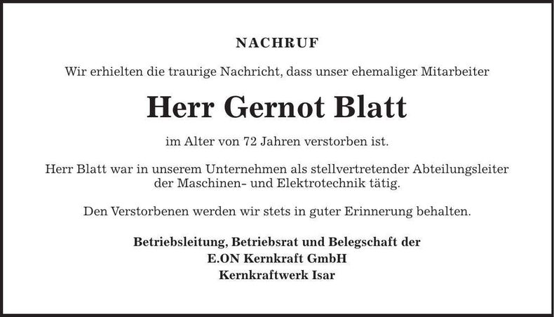 Traueranzeige Gernot Blatt