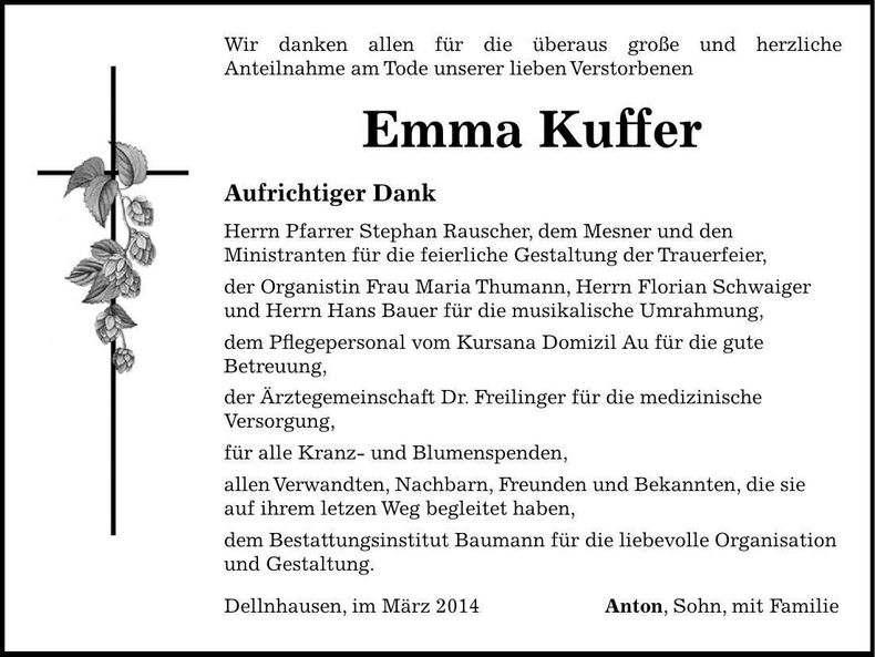 Traueranzeige Emma Kuffer