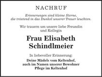 Traueranzeige Elisabeth Schindlmeier