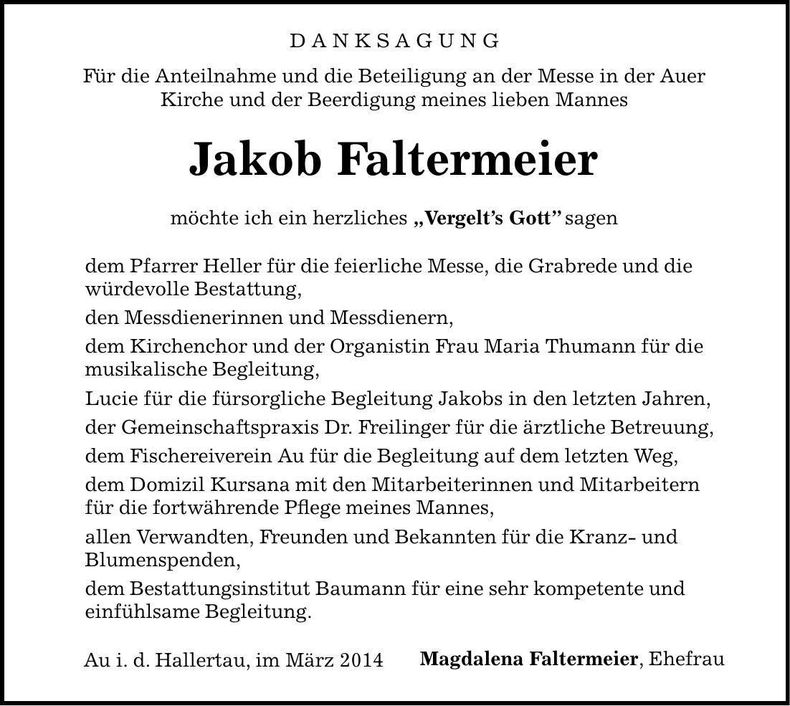 Traueranzeige Jakob Faltermeier
