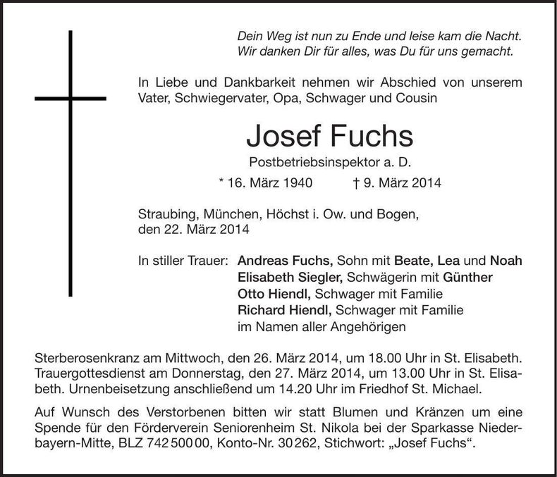 Traueranzeige Josef Fuchs