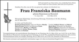 Traueranzeige Franziska Baumann