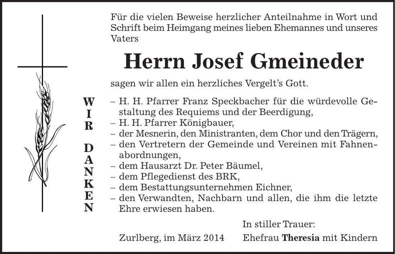 Traueranzeige Josef Gmeineder