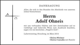 Traueranzeige Adolf Ohneis