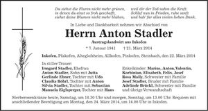 Traueranzeige Anton Stadler