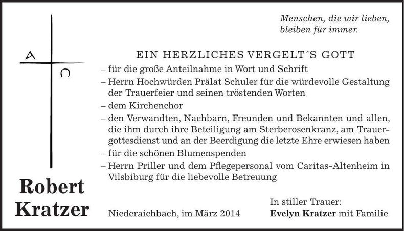 Traueranzeige Robert Kratzer