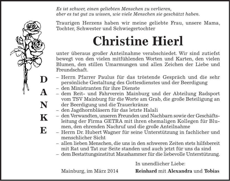 Traueranzeige Christine Hierl