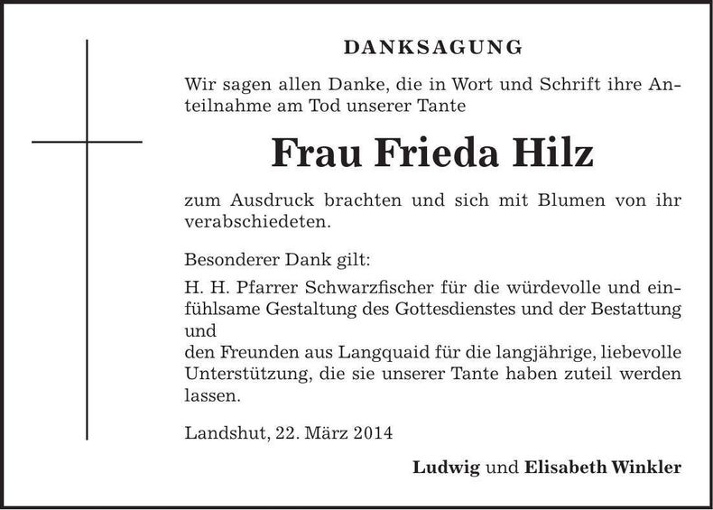 Traueranzeige Frieda Hilz