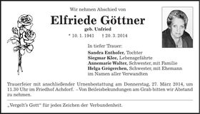 Traueranzeige Elfriede Göttner