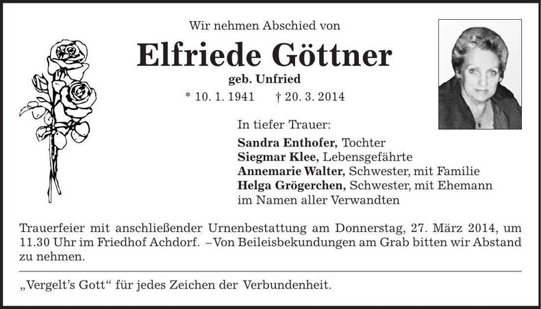 Traueranzeige Elfriede Göttner