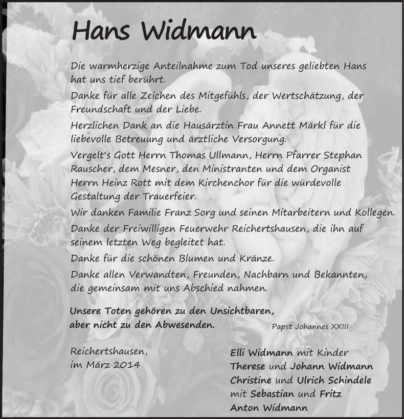 Traueranzeige Hans Widmann
