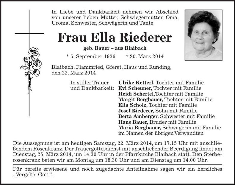 Traueranzeige Ella Riederer