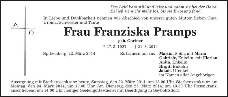 Traueranzeige Franziska Pramps
