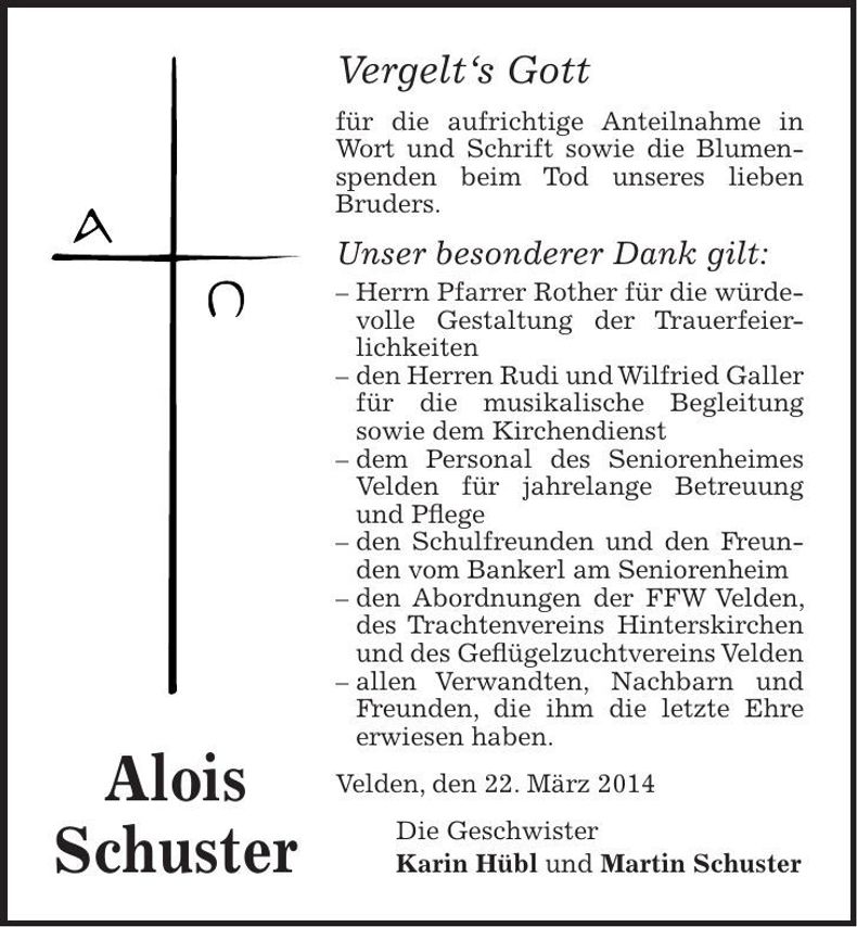 Traueranzeige Alois Schuster
