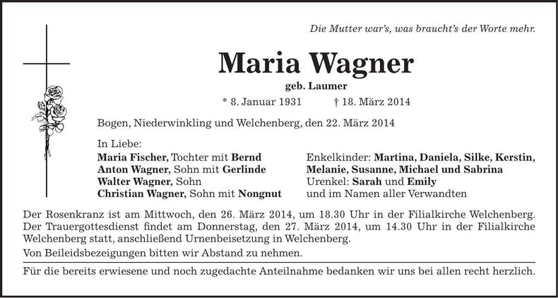Traueranzeige Maria Wagner