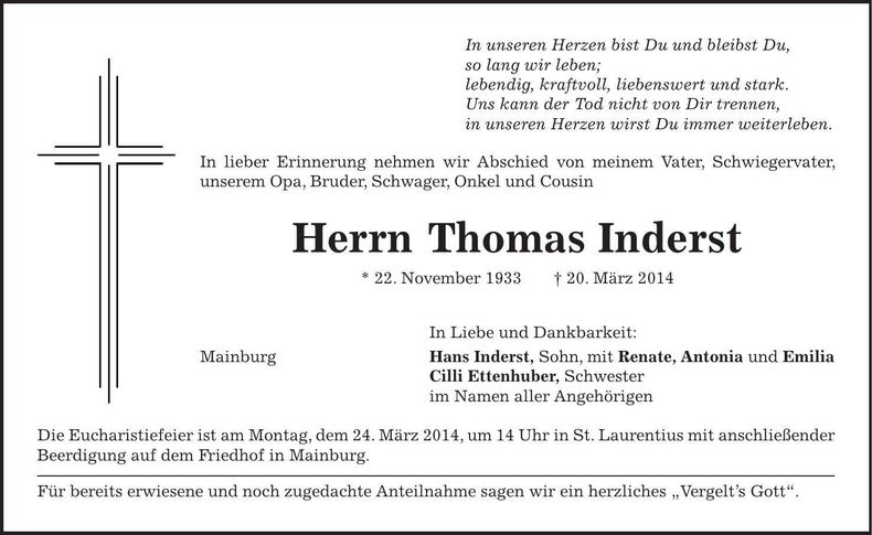 Traueranzeige Thomas Inderst