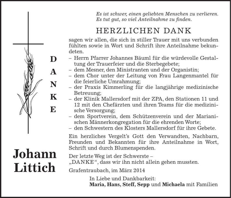 Traueranzeige Johann Littich