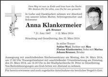 Traueranzeige Anna Klankermeier