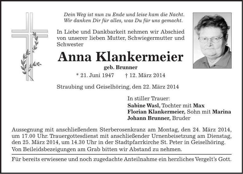 Traueranzeige Anna Klankermeier