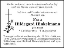 Traueranzeige Hildegard Hinkelmann